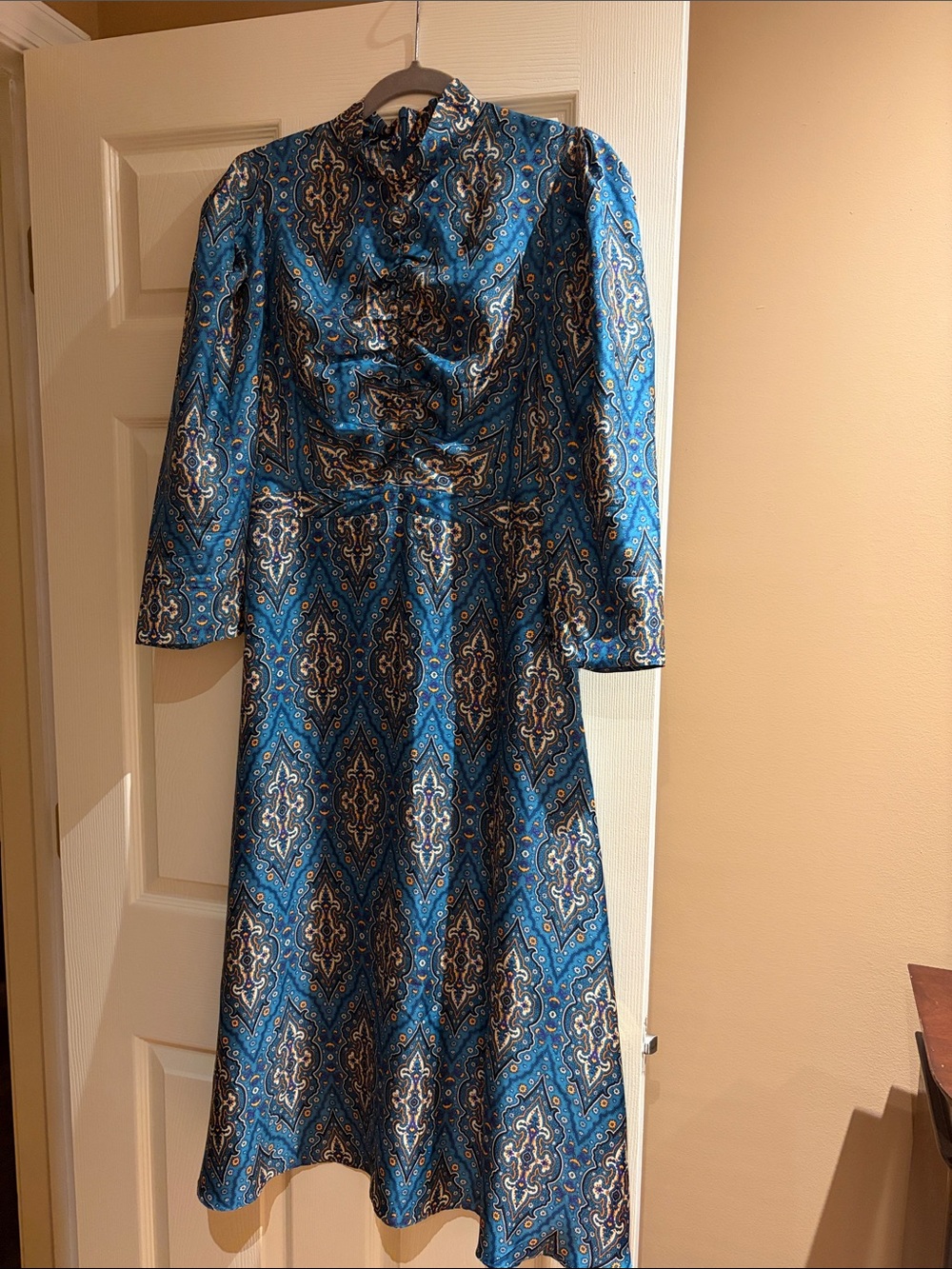 Sandro Blue Patterned Long Sleeve Midi Dress